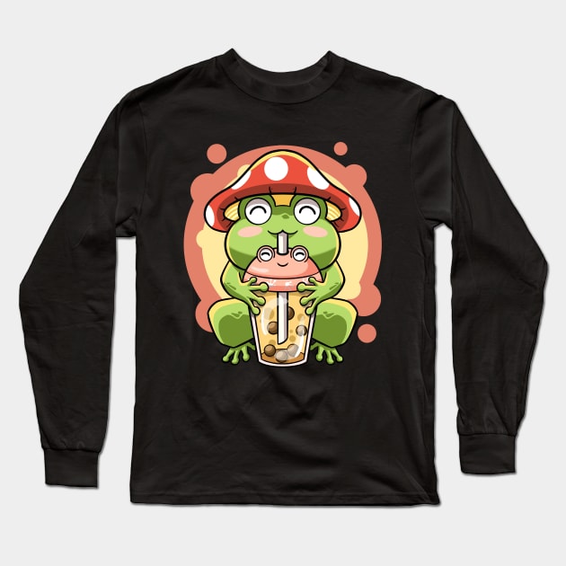 Kawaii Boba Tea Bubbles Frog Mushroom Hat Cute Cottagecore Long Sleeve T-Shirt by MerchBeastStudio